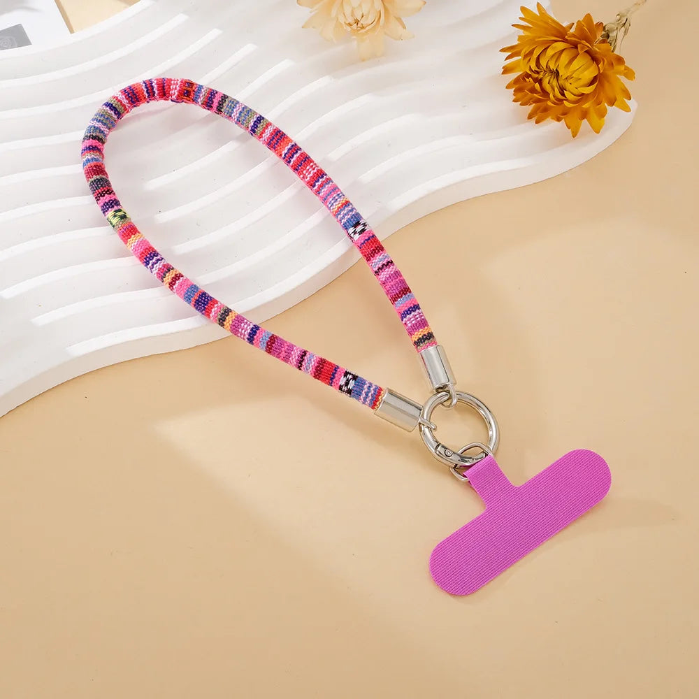 6mm Thick Ethnic Pattern Fabric Phone Wrist Lanyard Boho Braided Short Hand Strap for Cell Phone Detachable Anti Drop Key Chain