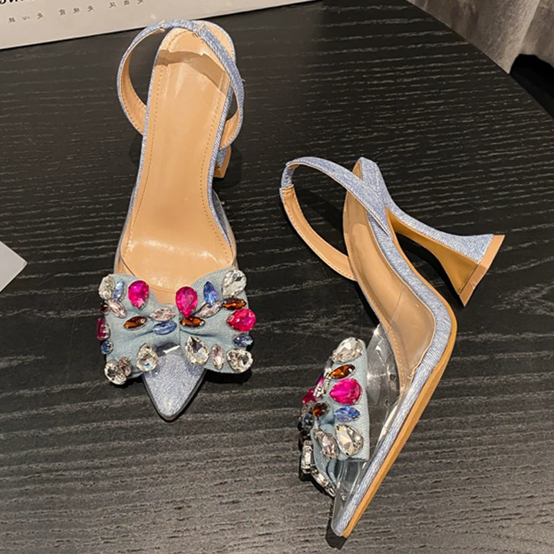 Fashion Denim Bowknot Crystal Pointed Women Sandals Party Spring Shoes