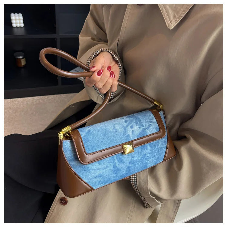 Retro Blue Denim Patchwork Bag New Women's Magnetic Buckle Zipper Shoulder Handbag