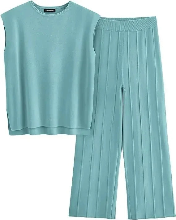 Casual Knitted Women's Set Sleeveless Vest Knitted Sweater plus Wide Leg Pants