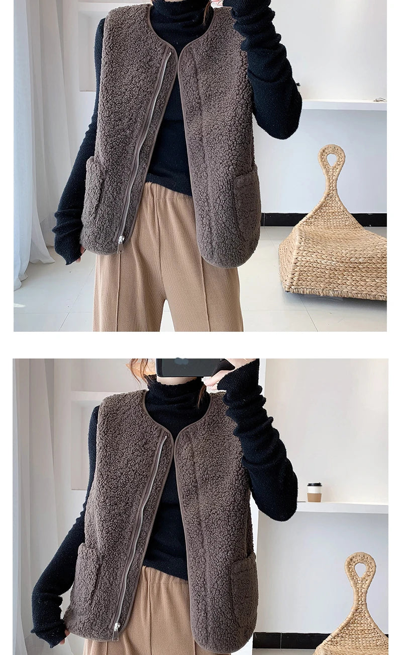 Women Faux Lamb Fur Vest Coat With Pockets Warm Casual Cardigan Jacket