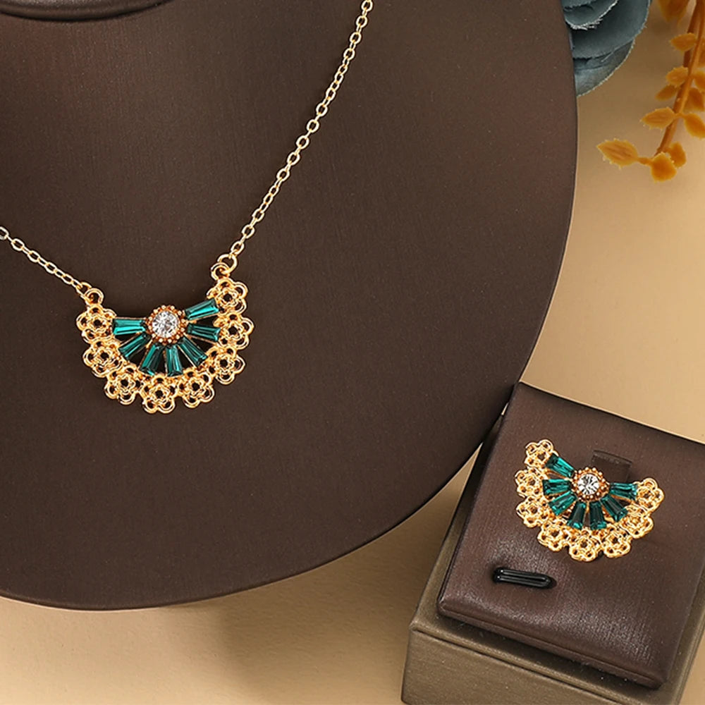Golden Stainless steel necklace + earrings + ring Set for Women's Jewelry