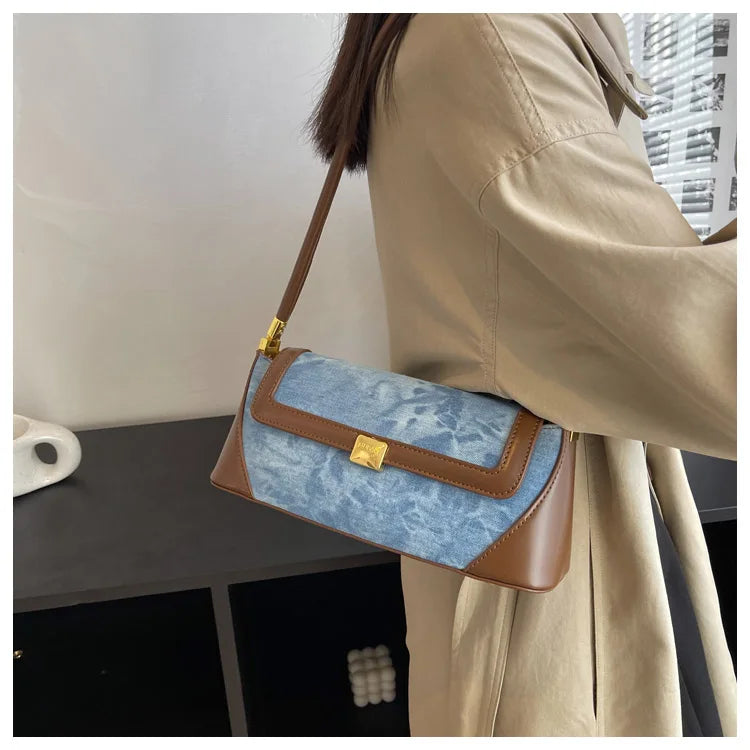 Retro Blue Denim Patchwork Bag New Women's Magnetic Buckle Zipper Shoulder Handbag
