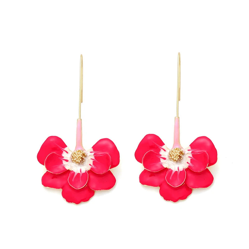 Long Drop Metal Enamel Petal Earrings For Women Cute Colorful Flower