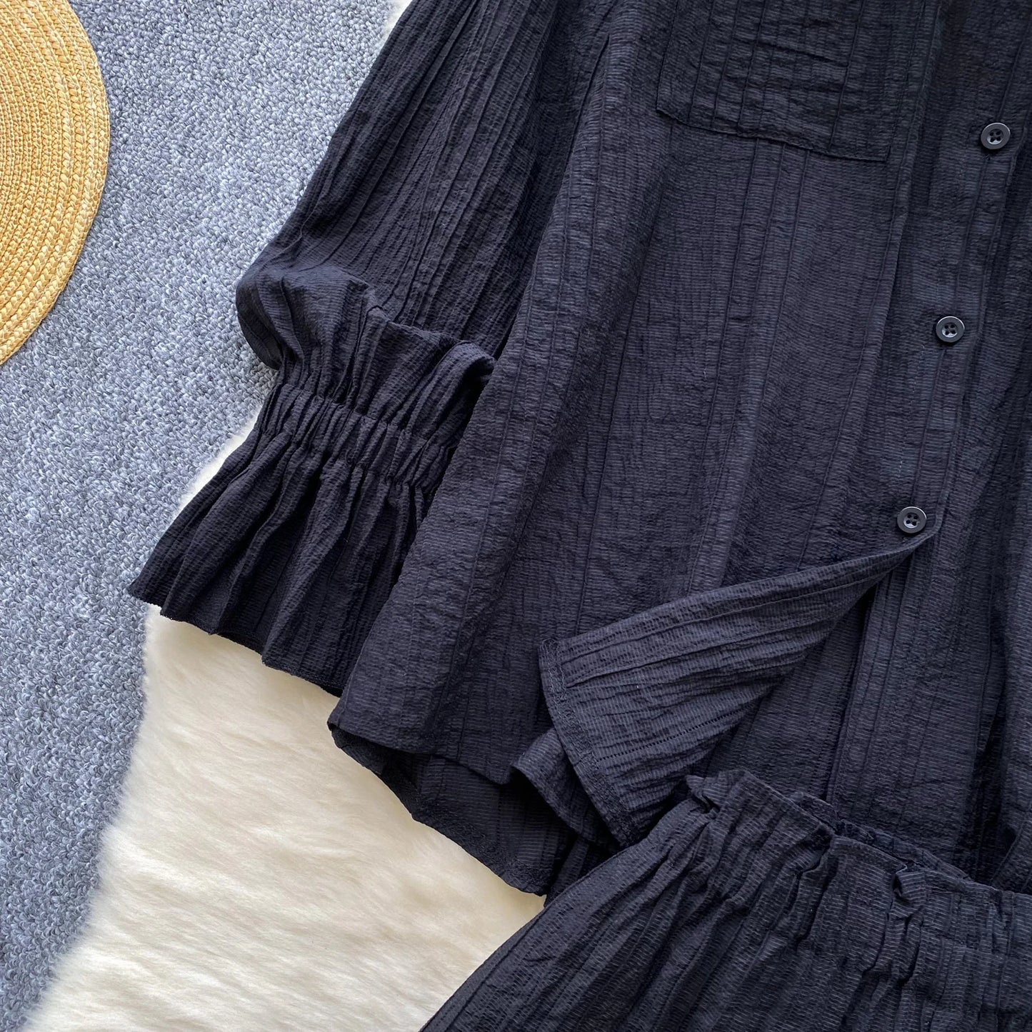 Elegant Polo-neck Vintage Long Flare Sleeves Chic Single Breasted Shirts High Waist Wide Leg Short Pants Sets