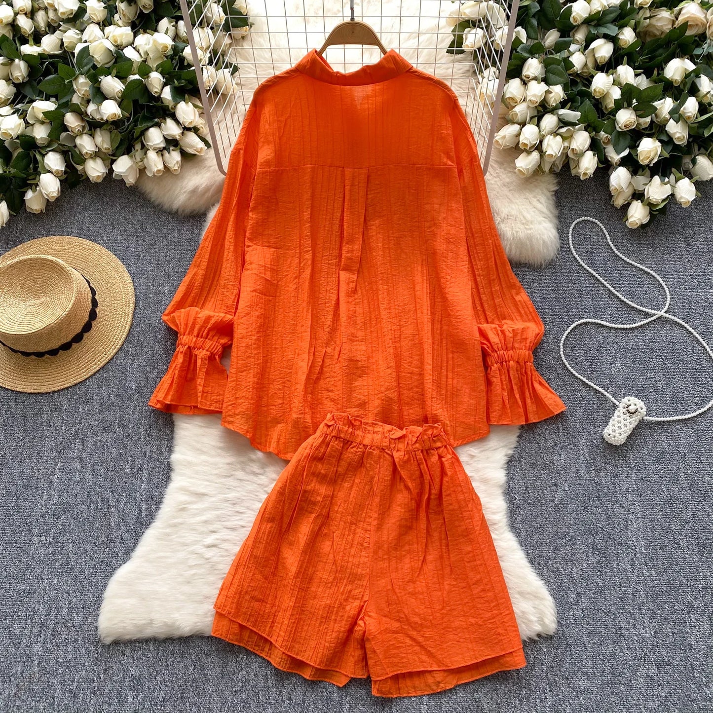 Elegant Polo-neck Vintage Long Flare Sleeves Chic Single Breasted Shirts High Waist Wide Leg Short Pants Sets