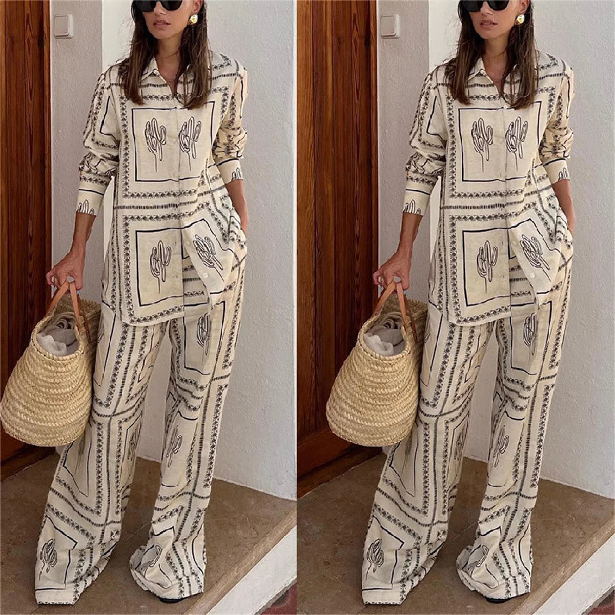 Female Printed Shirts Two Piece Set Lapel Long Sleeve Top High Waist Wide Leg Pants 2024 Spring Summer Women Home Wear Suits