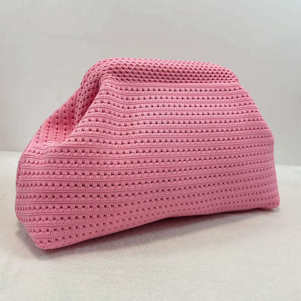 Trendy Solid Color Women Beach Clutch Bag Large Capacity Hollow Out Banquet Bag Soft Elastic Dumpling Purse Summer Season