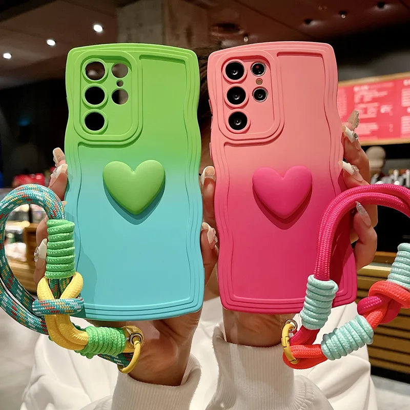 Custodia con cinturino da polso con gradiente a forma di cuore per Samsung Galaxy S24 Ultra S23 S21 S20 FE S22 Plus Note 20 A55 A535 A25 A15 5G A05s A05