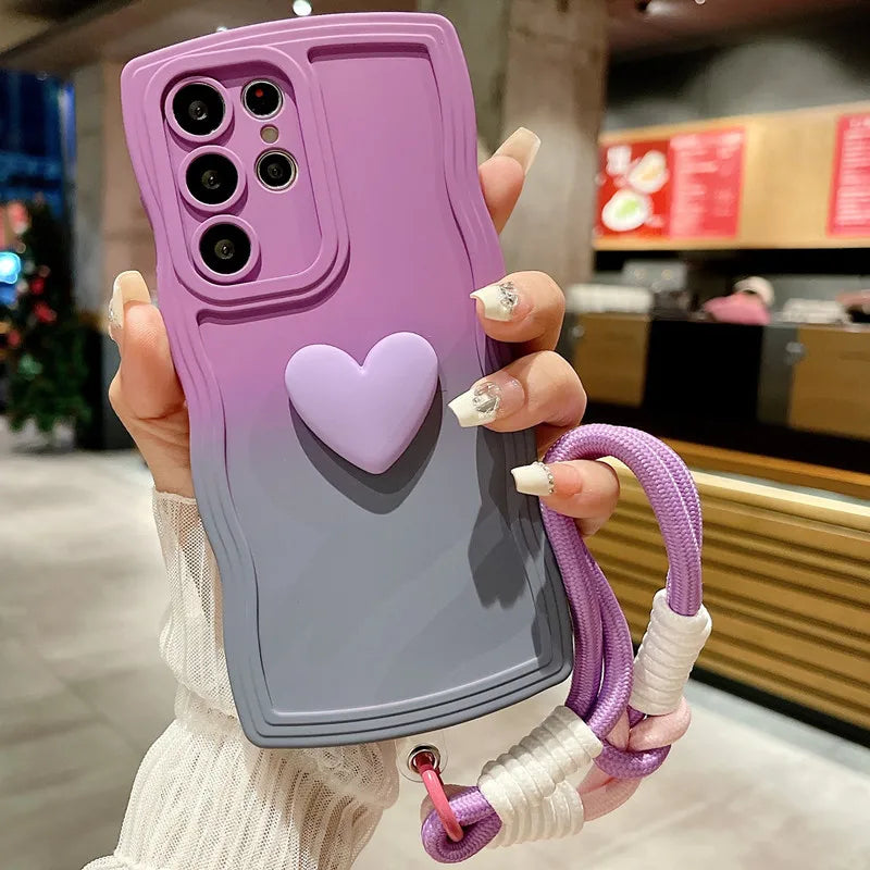 Custodia con cinturino da polso con gradiente a forma di cuore per Samsung Galaxy S24 Ultra S23 S21 S20 FE S22 Plus Note 20 A55 A535 A25 A15 5G A05s A05