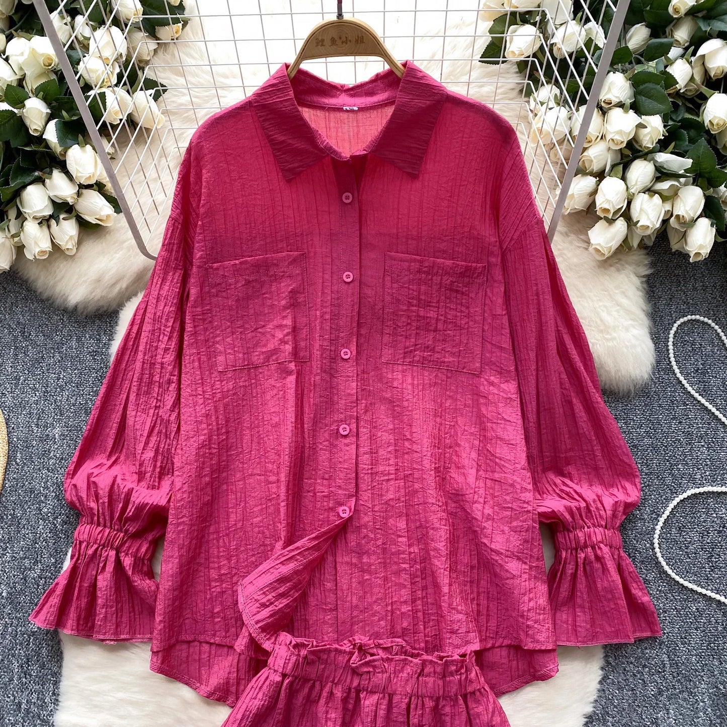 Elegant Polo-neck Vintage Long Flare Sleeves Chic Single Breasted Shirts High Waist Wide Leg Short Pants Sets