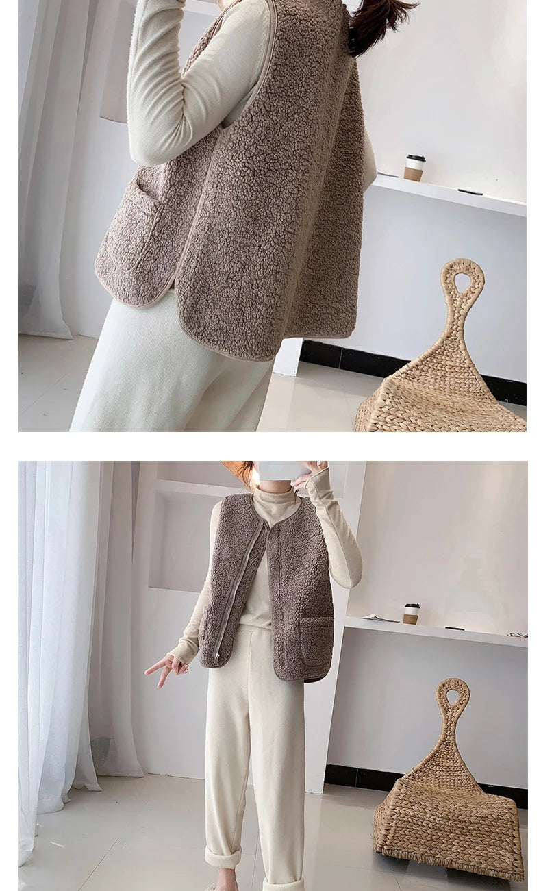 Women Faux Lamb Fur Vest Coat With Pockets Warm Casual Cardigan Jacket