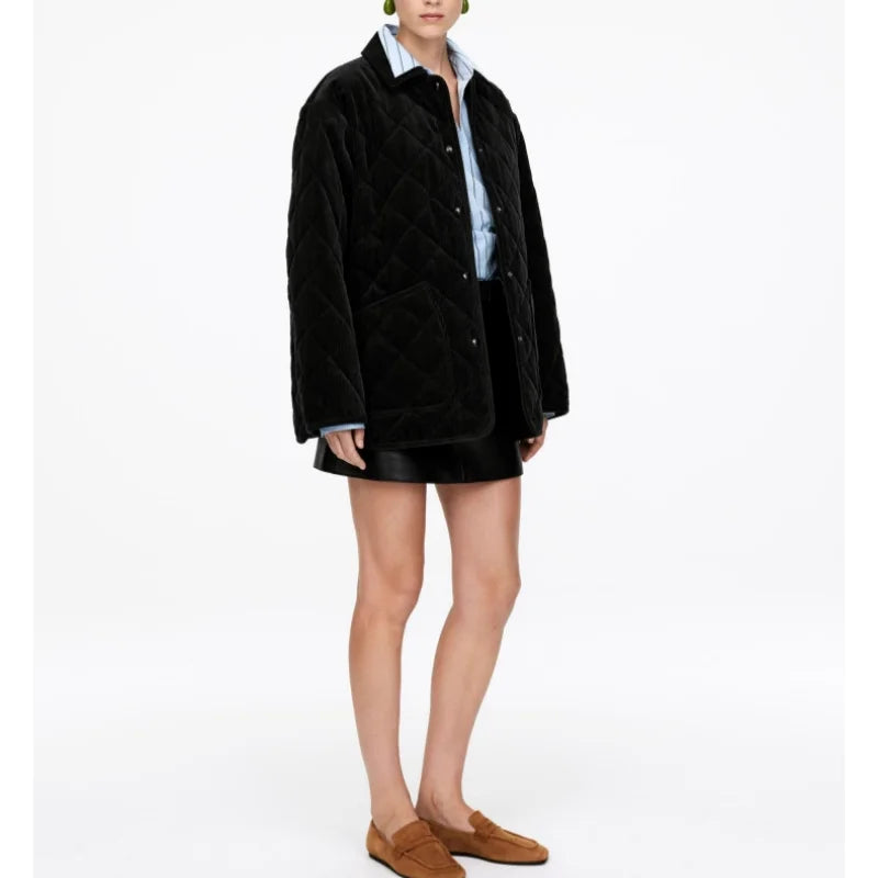 European and American style autumn and winter new diamond quilted thin cotton corduroy jacket