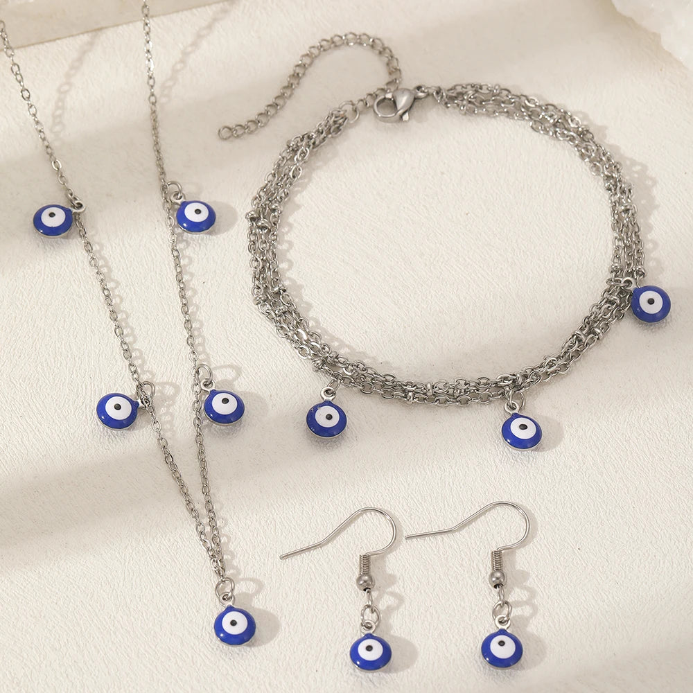 Stainless Steel Jewelry Set Fashion Hanging Small Eyes Earrings Bracelets Necklaces 3 Piece Jewelry Set For Women Jewelry Gifts