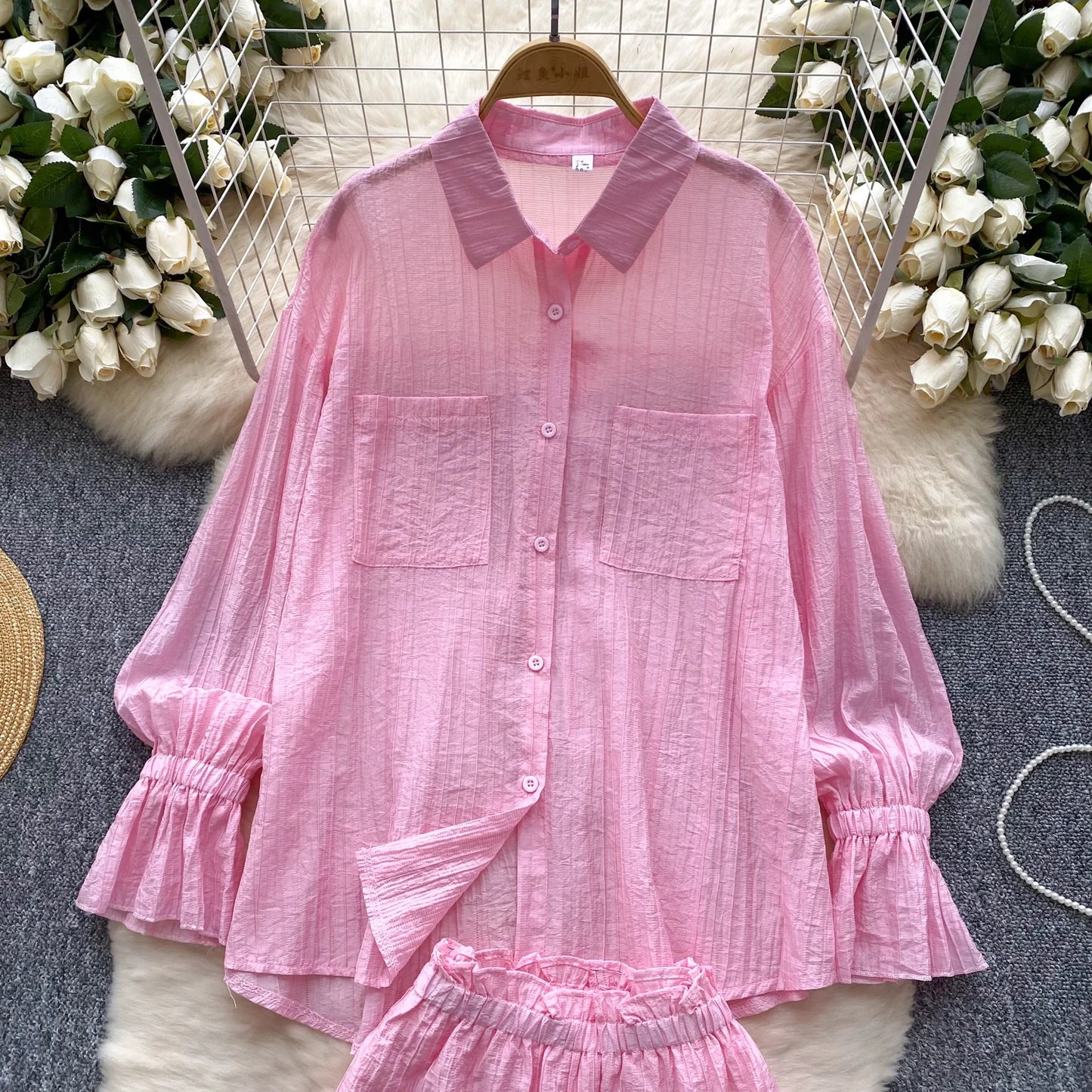 Elegant Polo-neck Vintage Long Flare Sleeves Chic Single Breasted Shirts High Waist Wide Leg Short Pants Sets