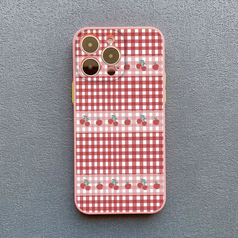 Cute Fashion Girl Cherry Grid Pattern Phone Case for iPhone 15 16 Pro Max Plus 14 11 12 13 Mini Pro Max X XS XR 7 8 Plus Covers
