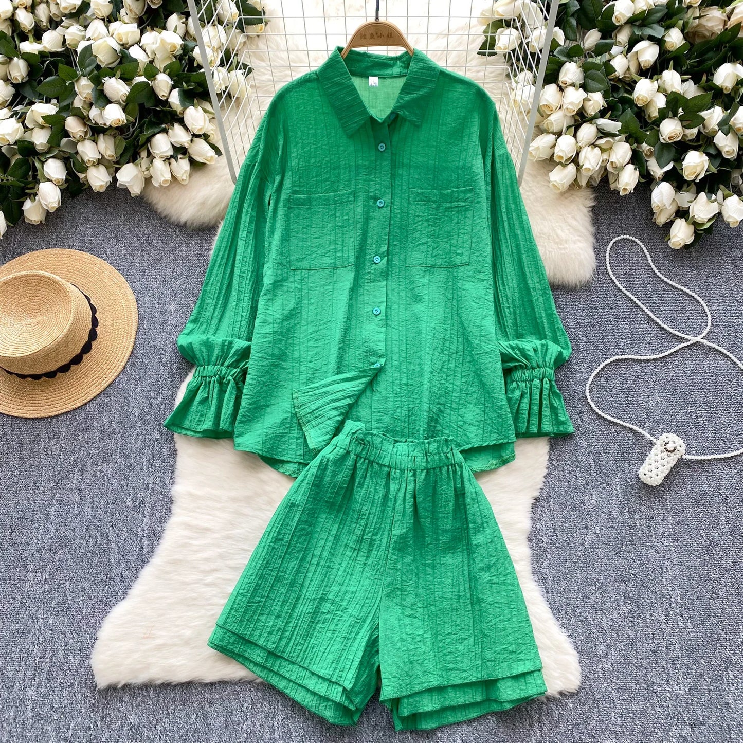 Elegant Polo-neck Vintage Long Flare Sleeves Chic Single Breasted Shirts High Waist Wide Leg Short Pants Sets