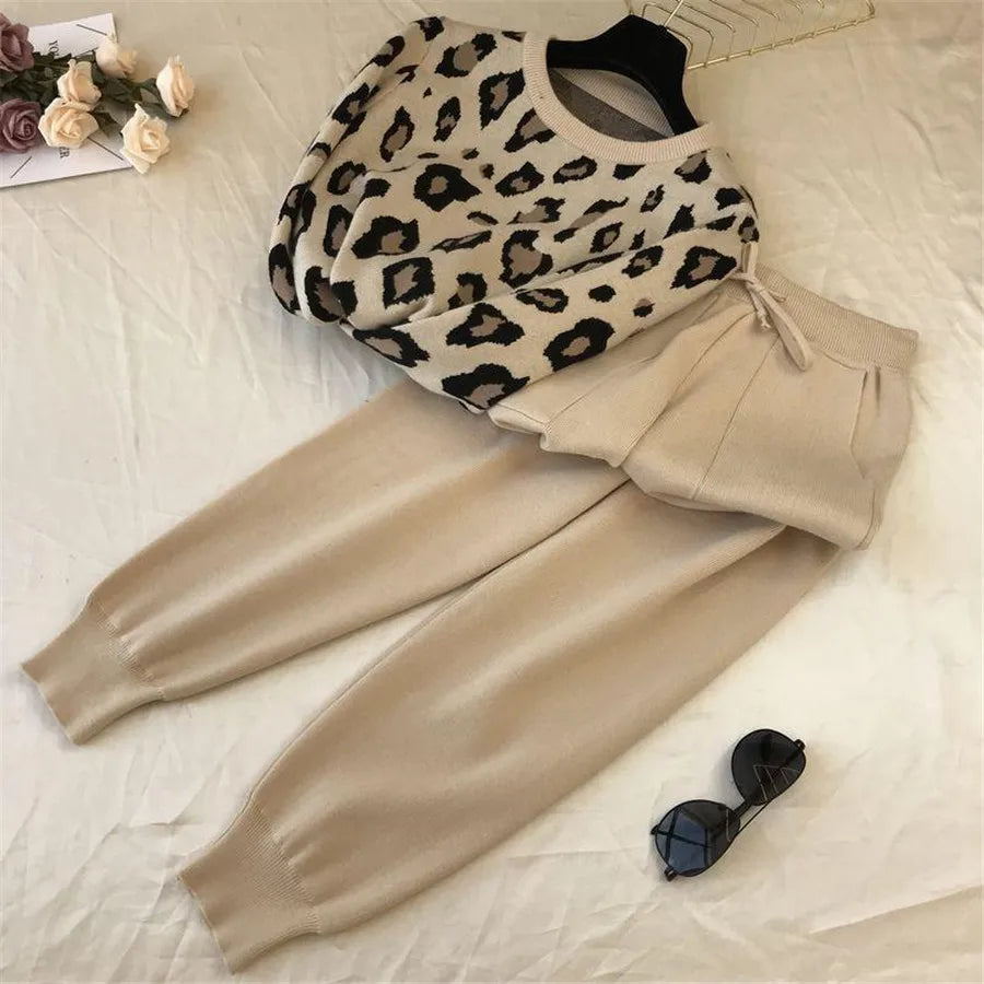 Womens Knitted 2 Piece Sets Leopard Print Pullovers Tops + High Waist Knitwear Jogger Pants Suit Casual Autumn Sweater Conjuntos