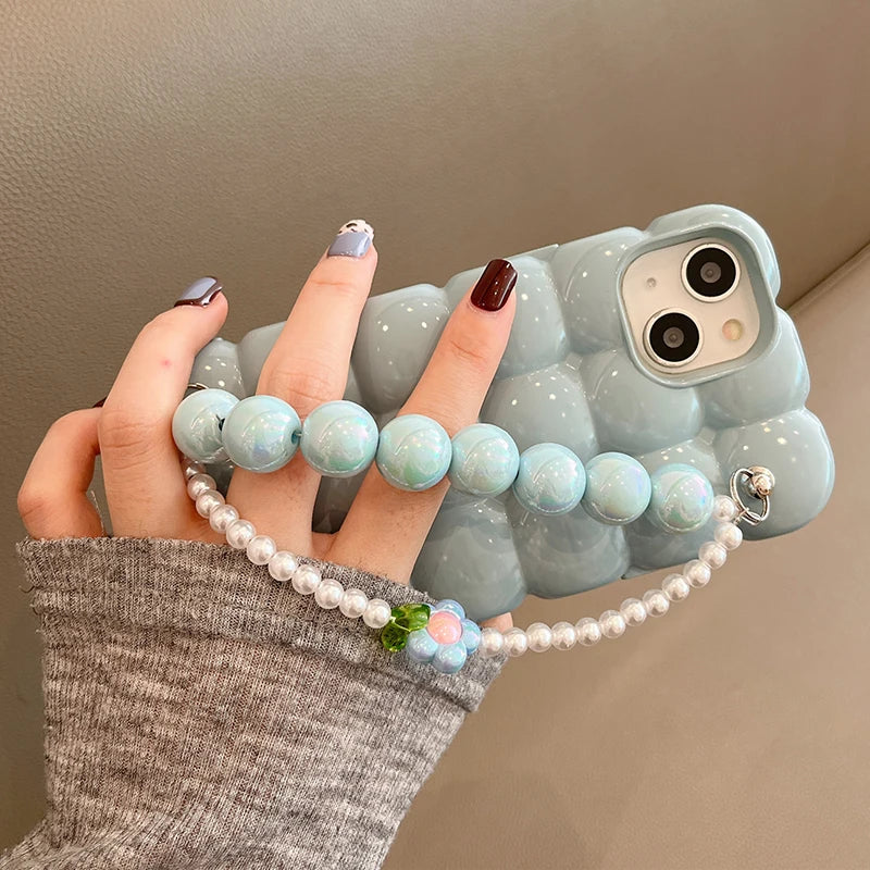 Luxury Pearl Bracelet 3D Ice Lattice Case For iPhone 13 Pro Max 16 15 14 11 12 Phone Back Cover
