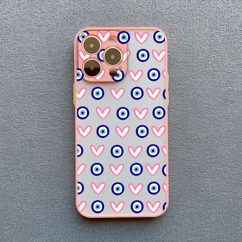Evil Eye Glossy Heart Pattern Phone Case for iPhone 14 15 Pro Max Plus 11 12 13 Mini Pro Max 16 17 Pro Max Shockproof Back Cover