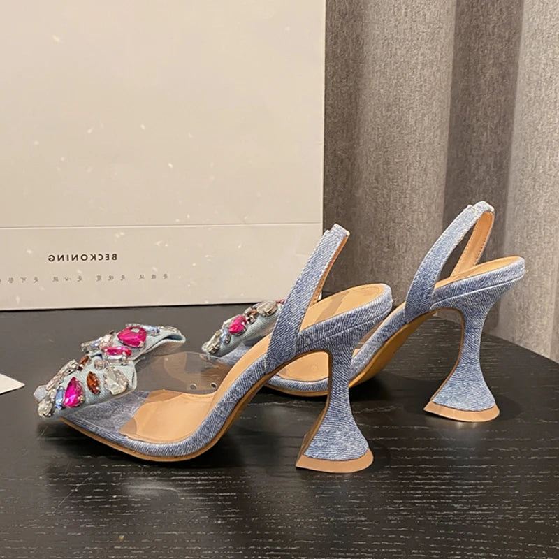 Fashion Denim Bowknot Crystal Pointed Women Sandals Party Spring Shoes