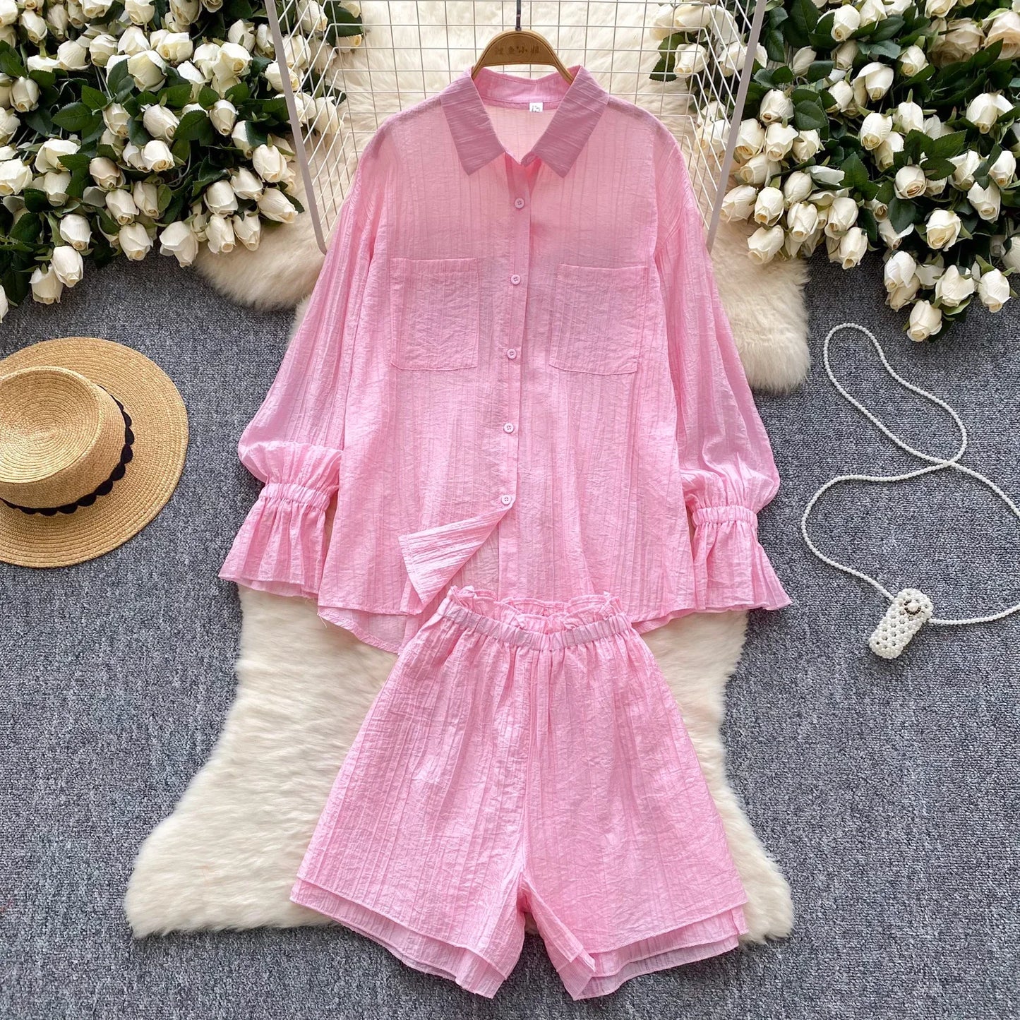 Elegant Polo-neck Vintage Long Flare Sleeves Chic Single Breasted Shirts High Waist Wide Leg Short Pants Sets