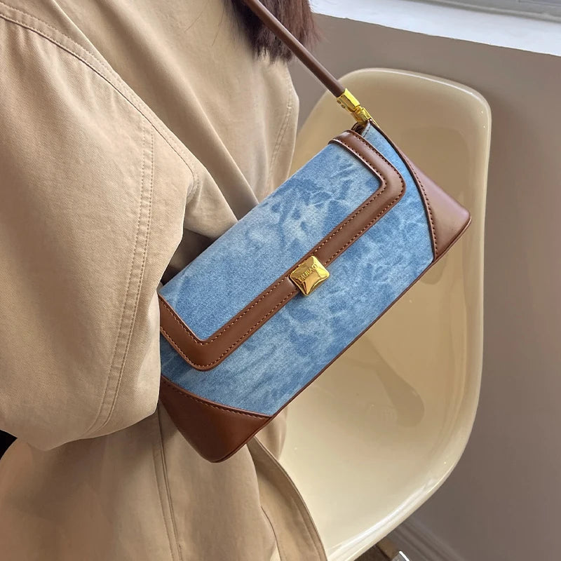 Retro Blue Denim Patchwork Bag New Women's Magnetic Buckle Zipper Shoulder Handbag