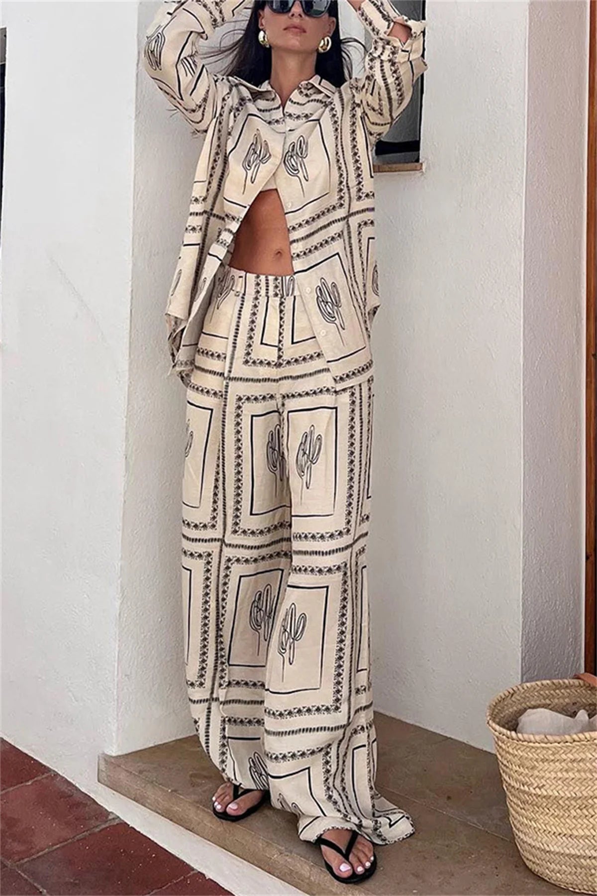 Female Printed Shirts Two Piece Set Lapel Long Sleeve Top High Waist Wide Leg Pants 2024 Spring Summer Women Home Wear Suits