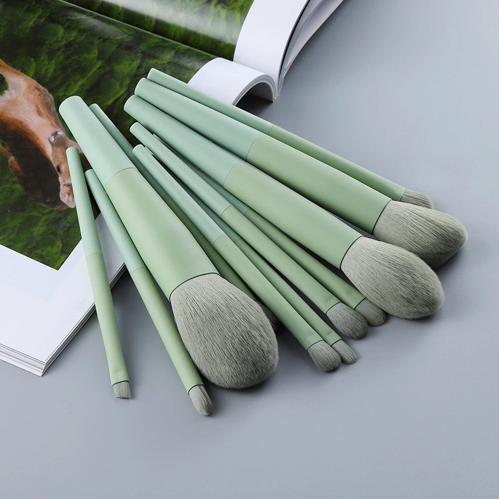 Set Green Makeup Brushes 11Pcs