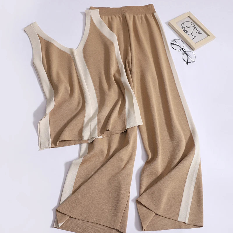Women Summer New Contrast Color Top Elastic Band Wide Leg Pants Two Piece Set Thin Split Elegant Knit Loose Set