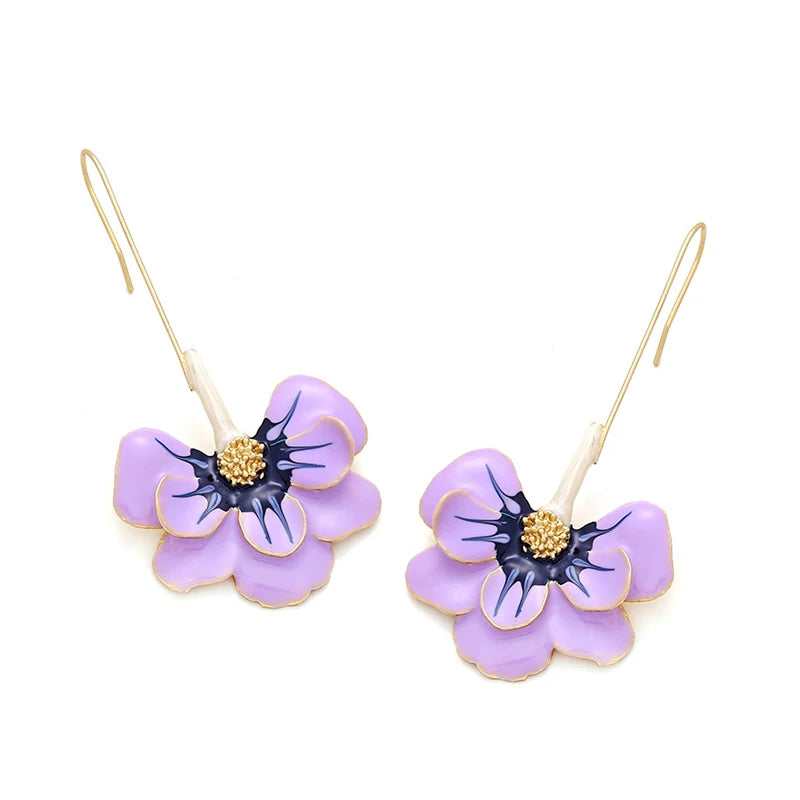 Long Drop Metal Enamel Petal Earrings For Women Cute Colorful Flower