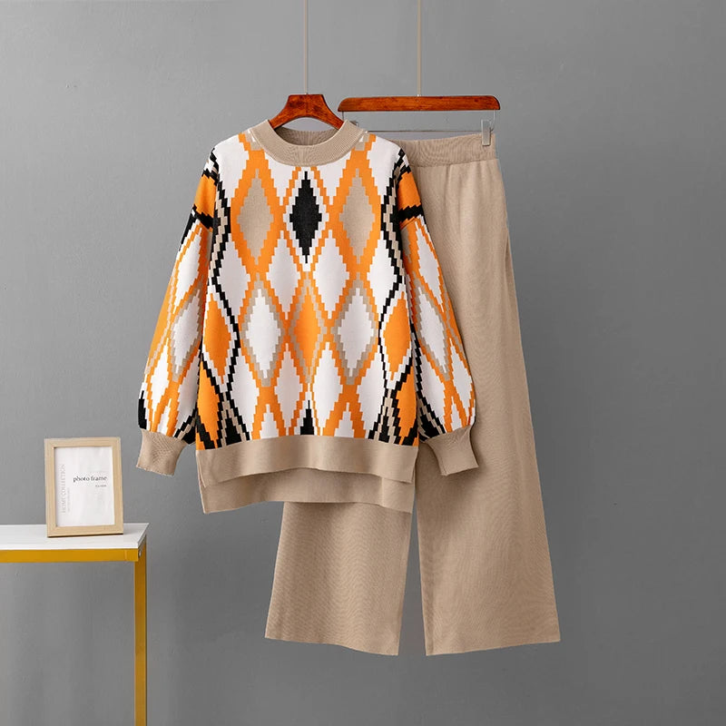 Knitted Two-Piece Matching Sets for Women Loose Trousers Suit Long Sleeve Top Wide Leg Pants Casual Outfits Lozenge Sweater