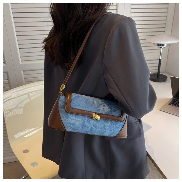 Retro Blue Denim Patchwork Bag New Women's Magnetic Buckle Zipper Shoulder Handbag