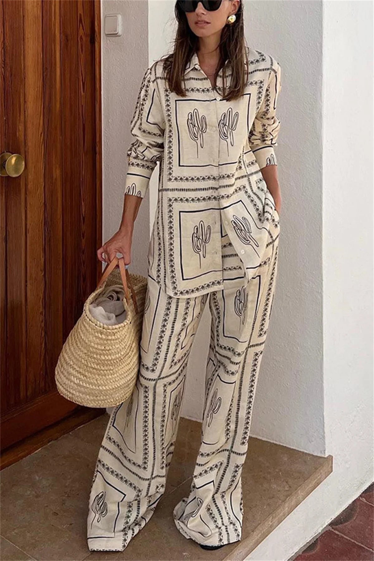 Female Printed Shirts Two Piece Set Lapel Long Sleeve Top High Waist Wide Leg Pants 2024 Spring Summer Women Home Wear Suits