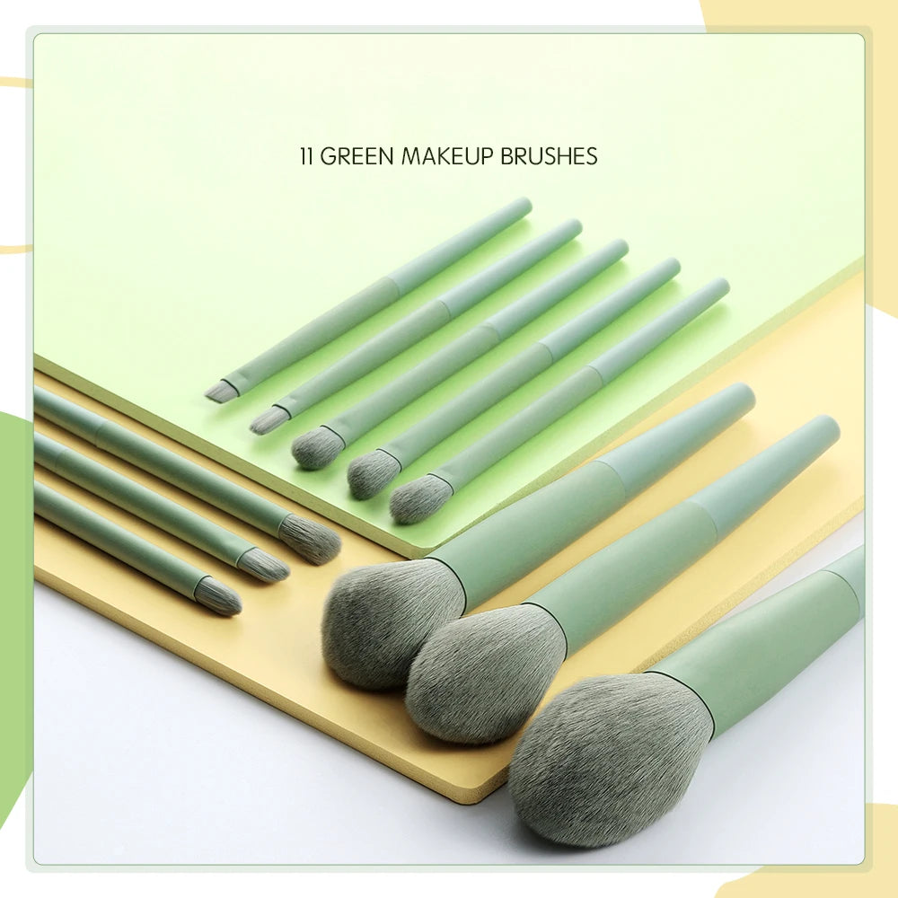 Set Green Makeup Brushes 11Pcs