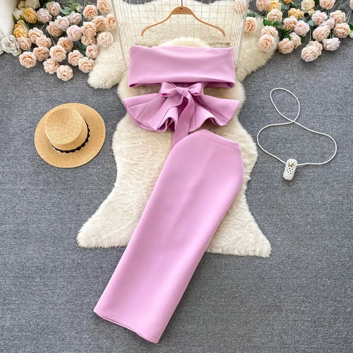 Women Two Pieces Skirt Long Ruffle Blouse
