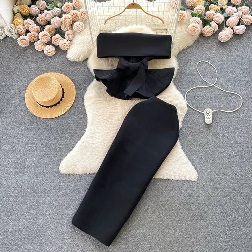 Women Two Pieces Skirt Long Ruffle Blouse