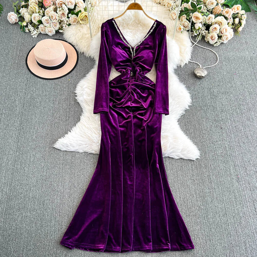 Vintage Long Sleeve Elegant V-neck Chic Rhinestone Slim Golden Velvet Dresses French Evening High Street Autumn Winter Clothing