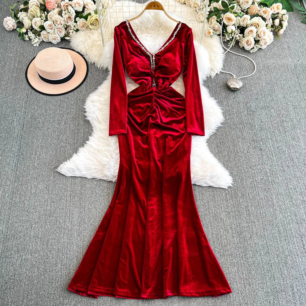 Vintage Long Sleeve Elegant V-neck Chic Rhinestone Slim Golden Velvet Dresses French Evening High Street Autumn Winter Clothing