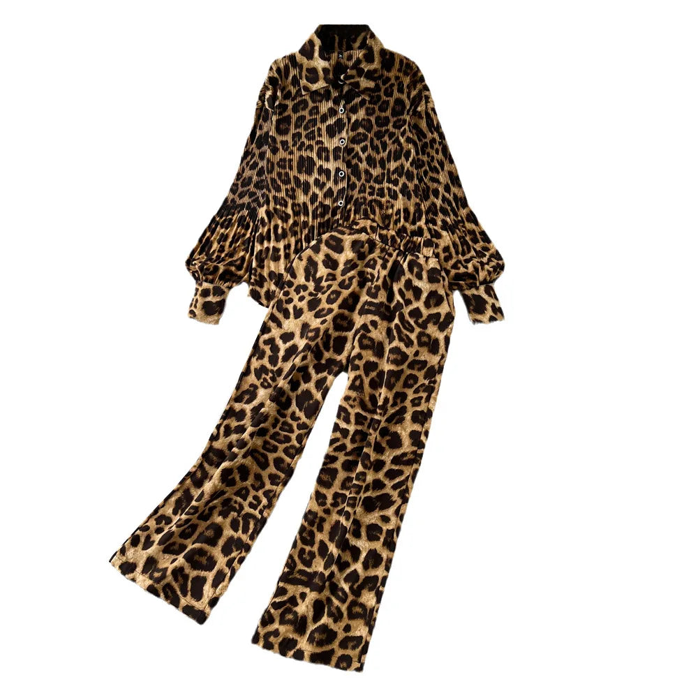 Set Leopard Print 2 pcs for women Long Sleeve Shirts Casual Loose Pantalon Outfits