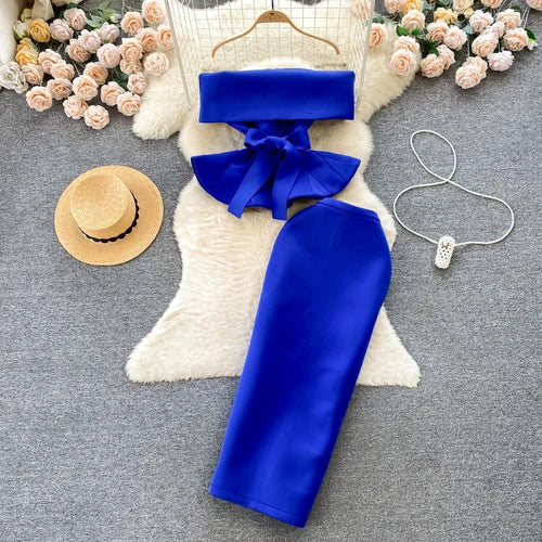 Women Two Pieces Skirt Long Ruffle Blouse