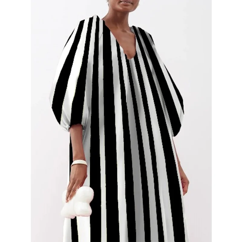Jennifer Autumn Women's Striped Dress 2024 Fashion Puff Sleeves Three-Quarter Sleeves Striped V-Neck Maxi Dresses