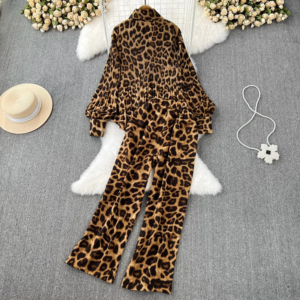 Set Leopard Print 2 pcs for women Long Sleeve Shirts Casual Loose Pantalon Outfits