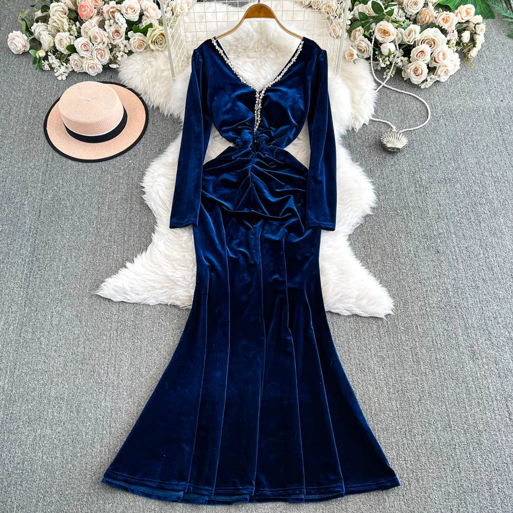 Vintage Long Sleeve Elegant V-neck Chic Rhinestone Slim Golden Velvet Dresses French Evening High Street Autumn Winter Clothing