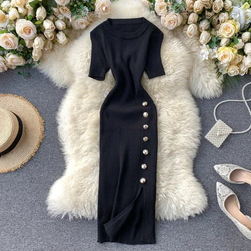 Chic Elastic Knit Split Bodycon Dress Short Sleeve O Neck Women Elegant Fashion Summer Slim Wrap Pencil Dress