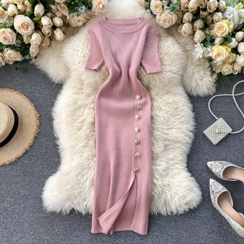 Chic Elastic Knit Split Bodycon Dress Short Sleeve O Neck Women Elegant  Fashion Summer Slim Wrap Pencil Dress