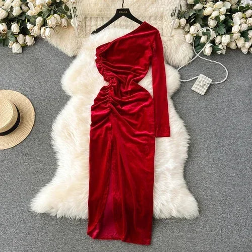 Elegant Chic Velvet Dress French Diagonal Collar Pleated Long Sleeve Evening Women Party Ceremonial Hip Wrap Dress