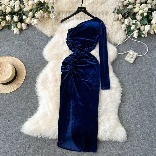 Elegant Chic Velvet Dress French Diagonal Collar Pleated Long Sleeve Evening Women Party Ceremonial Hip Wrap Dress