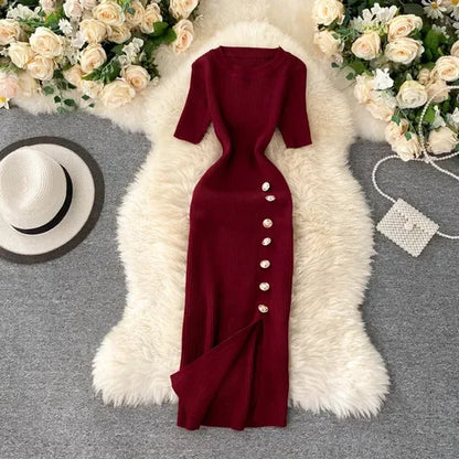 Chic Elastic Knit Split Bodycon Dress Short Sleeve O Neck Women Elegant  Fashion Summer Slim Wrap Pencil Dress