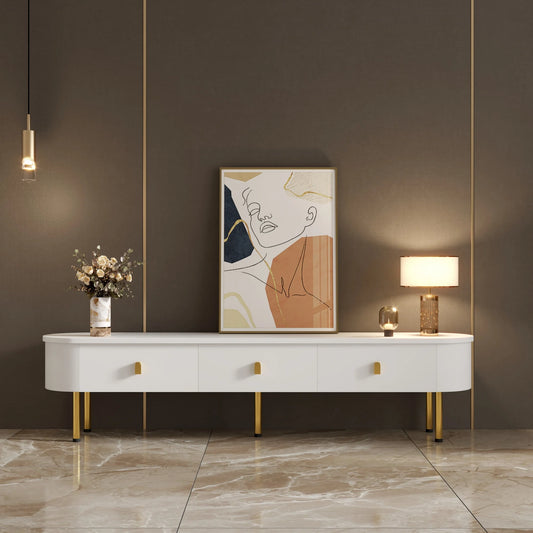 TV wardrobe TV lowboard with drawers, golden handles and legs, curved corners, 174*35*41 cm, living room tisch